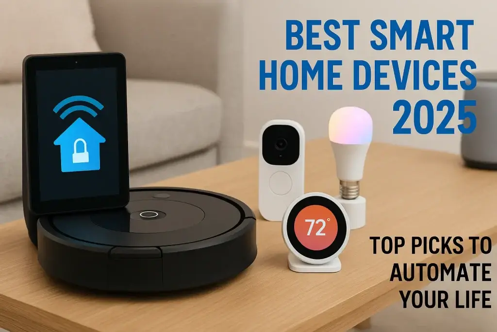 Modern smart home setup with Amazon Echo, Roomba, Nest Thermostat, and smart lights - Best Smart Home Devices 2025